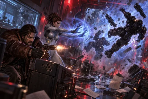 Raynor and Kerrigan fight back against invading Dominion Marines during a sudden raid.