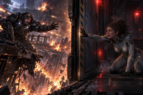 A collapsing bridge separates Kerrigan and Raynor as a heavy blast door closes between them.