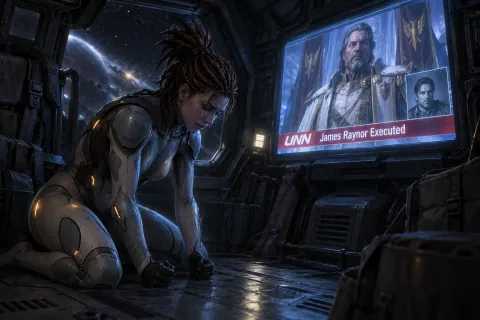 Kerrigan watches in despair as Emperor Arcturus Mengsk falsely announces Raynor's execution on TV.