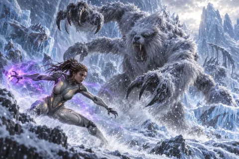 AI 重建插圖:在冰天雪地的卡爾迪爾暴風雪中,莎拉·凱莉根獵殺巨大的烏爾薩頓,為蟲群的進化獲取精華。