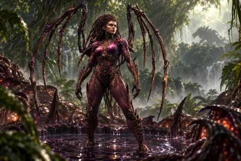 AI-reconstructed illustration — Kerrigan reborn as the Primal Queen of Blades in the First Spawning Pool of Zerus.