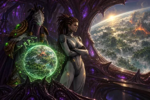 AI reconstructed illustration: Sarah Kerrigan and Zeratul on the Leviathan bridge looking at Zerus.