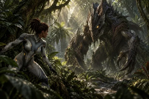 AI reconstructed illustration: Sarah Kerrigan meeting Dehaka in the dense jungles of Zerus.