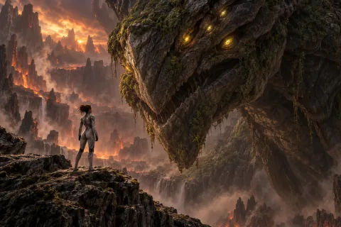 AI reconstructed illustration: Sarah Kerrigan confronting the colossal ancient primal zerg Zurvan.