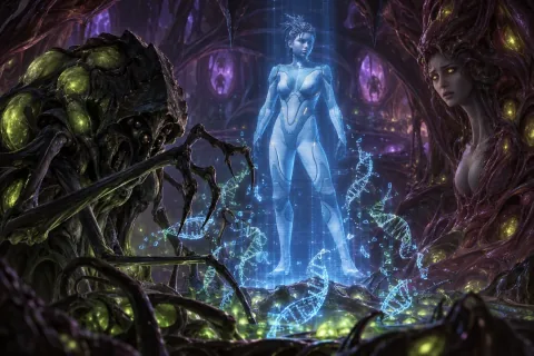 AI reconstructed illustration: Abathur and Izsha analyzing primal zerg genes inside the Leviathan.