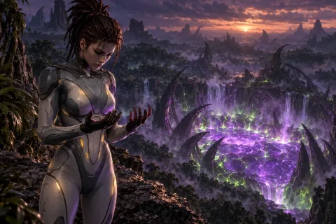 AI reconstructed illustration: Sarah Kerrigan looking at her human hands, deciding to sacrifice her humanity.