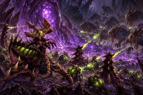 AI reconstructed illustration: Zagara defending Kerrigan's chrysalis at the First Spawning Pool.