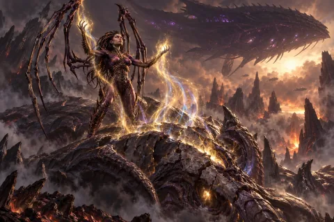 AI reconstructed illustration: Kerrigan defeating Zurvan and absorbing his ancient essence.