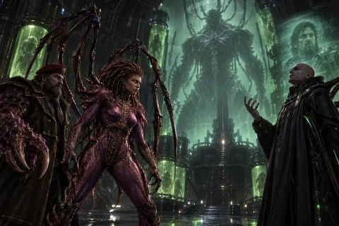 AI-reconstructed illustration — Kerrigan and Stukov confronting Narud's threat at the Skygeirr facility.