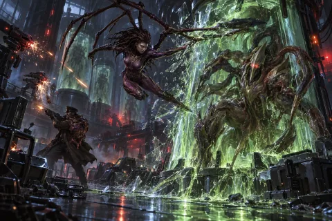 Kerrigan shatters the stasis tubes containing terrifying Protoss-Zerg Hybrids.