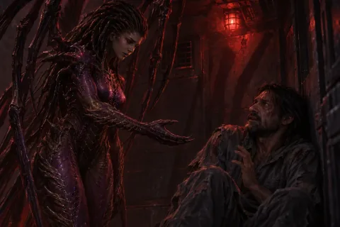 Raynor recoils in horror upon seeing Kerrigan's transformed Primal Queen appearance.