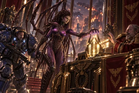 AI-reconstructed illustration — Kerrigan facing Raynor, who is trying to stop the palace's artifact device, and Mengsk.