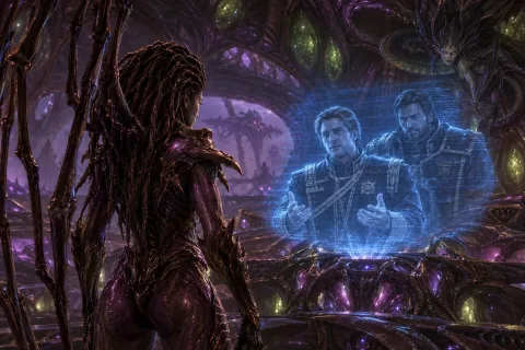Sarah Kerrigan, in her primal Queen of Blades form, communicates with Valerian Mengsk and Matt Horner via a blue hologram inside the organic bridge of the Leviathan.