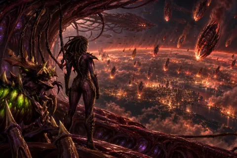 Zerg drop pods rain down on the red atmosphere of Korhal, watched by Kerrigan and Zagara from the Leviathan's window.