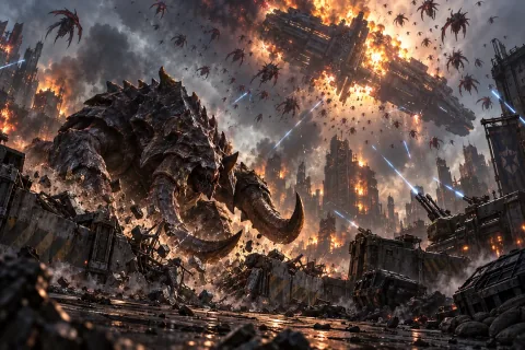 A massive Terran Gorgon-class Battlecruiser crashes in Augustgrad, while a giant Zerg Ultralisk charges through the ruins below.