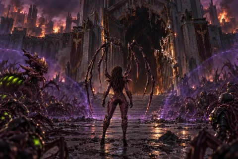 Kerrigan stands alone before the shattered gates of the Emperor's Palace, holding back her Zerg forces to face Mengsk by herself.