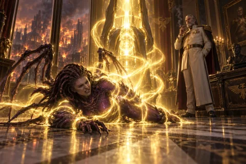 Arcturus Mengsk activates a hidden Xel'Naga artifact device in his office, blasting Kerrigan with agonizing golden energy.