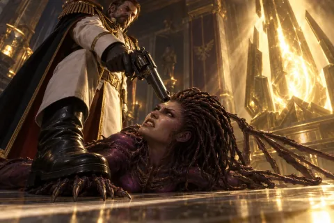 Mengsk stands over the helpless Kerrigan, stepping on her hand and aiming his pistol at her forehead under the golden glow.