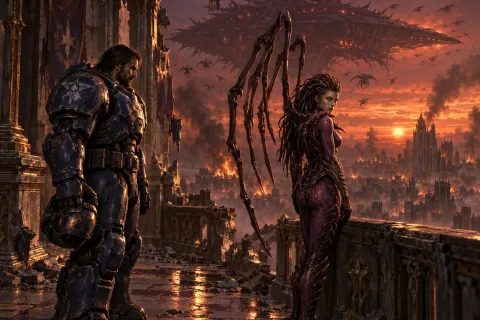 Kerrigan and Jim Raynor share a final, bittersweet look on the ruined balcony of the palace, with the Zerg Leviathan hovering in the red sky.