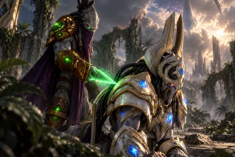 Ilustración reconstruida por IA — Zeratul intenta salvar a Artanis, controlado por Amon, cortando sus apéndices neuronales.