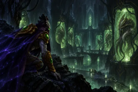 Ilustración reconstruida por IA: Zeratul observando sigilosamente la instalación de cría de híbridos en el brumoso templo Xel'naga.