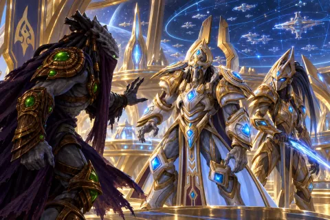 Ilustración reconstruida por IA: Zeratul apareciendo de repente en el puente de la nave insignia para advertir a Artanis y Selendis.