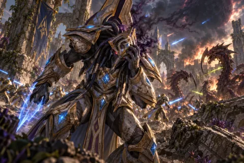 Ilustración reconstruida por IA: Artanis tambaleándose de dolor en Aiur cuando la corrupción de Amon comienza a invadir el Khala.