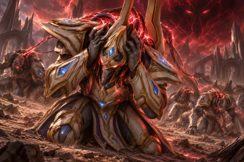 Ilustración reconstruida por IA: Artanis de rodillas con ojos rojos brillantes, completamente controlado por el asalto mental de Amon.