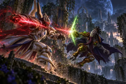 Ilustración reconstruida por IA: Zeratul parando un golpe del controlado mentalmente Artanis en las ruinas de Aiur.