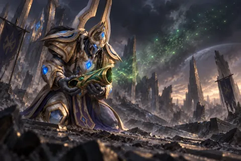 Ilustración reconstruida por IA: Artanis arrodillado de dolor mientras el cuerpo de Zeratul se disuelve en luz, sosteniendo su brazalete.