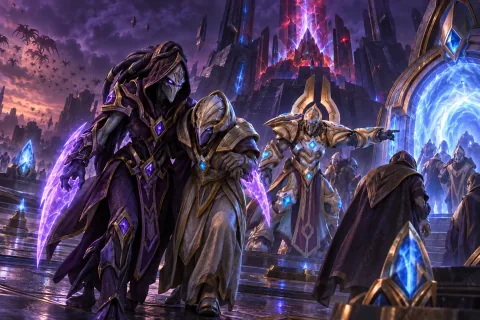 AI-reconstructed illustration — Vorazun and Protoss refugees leaving the Temple of Shakuras before its destruction.