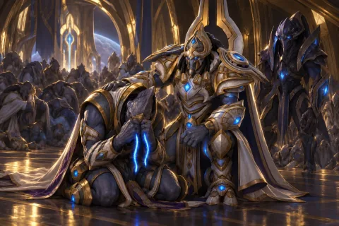 Artanis comforting a weeping Khalai zealot with severed nerve cords inside the Spear of Adun.