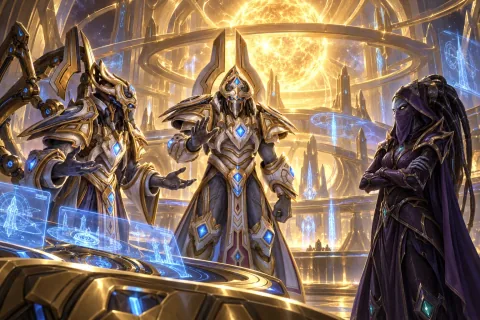 Artanis mediating a dispute between Karax and Vorazun in the glowing Solar Core of the Spear of Adun.