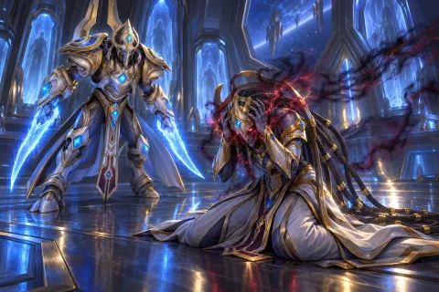 Rohana suffering from Amon's corruption through her intact nerve cords as Artanis watches in concern.