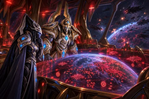 Vorazun and Artanis watching the Zerg invasion of Shakuras on the bridge tactical display.