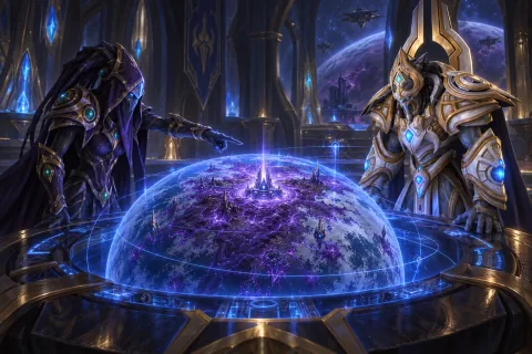 Vorazun proposing the destruction of Shakuras to Artanis over a holographic map of the planet.