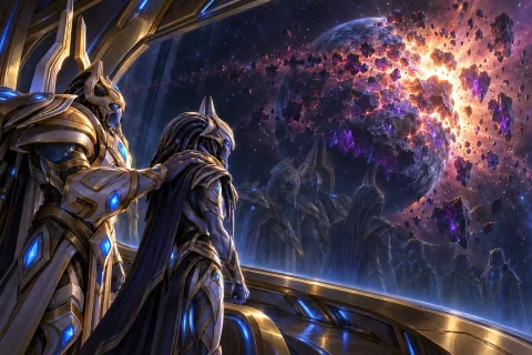 Vorazun and Artanis watching Shakuras shatter into fragments from the bridge of the Spear of Adun.