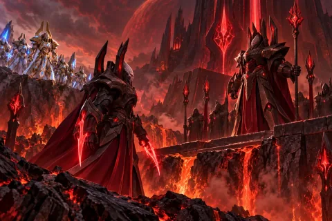 Ilustrasi rekonstruksi AI — Alarak berhadapan dengan Ma'lash dalam ritual Rak'shir di Slayn.