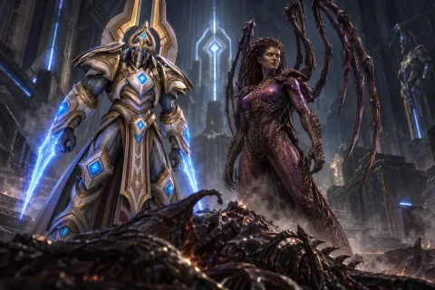 Ilustrasi rekonstruksi AI: Artanis dan Primal Kerrigan berdiri bersama di koridor gelap Ulnar setelah pertempuran.
