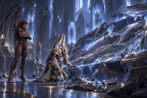 Ilustrasi rekonstruksi AI: Artanis berlutut dalam keputusasaan di depan tabung stasis Xel'naga yang hancur.