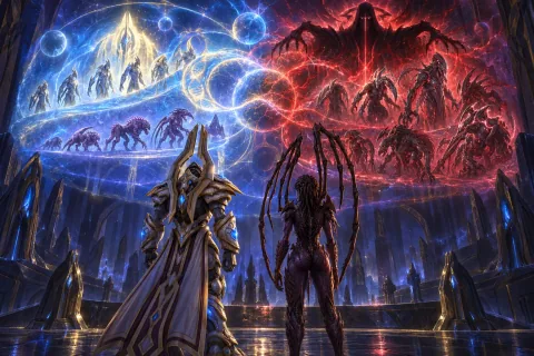 Ilustrasi rekonstruksi AI: Artanis dan Kerrigan menyaksikan mural holografis Siklus Tanpa Batas dan pengkhianatan Amon.