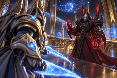 Ilustrasi rekonstruksi AI: Alarak muncul dari bayang-bayang di jembatan Spear of Adun untuk menawarkan aliansi kepada Artanis.