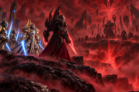 Ilustrasi rekonstruksi AI: Alarak dan Artanis berdiri di kabut terazin merah Slayn sebelum ritual Rak'shir.