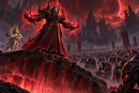 Ilustrasi rekonstruksi AI: Alarak menyatakan dirinya sebagai High Lord Tal'darim yang baru saat Ma'lash jatuh ke dalam lubang.