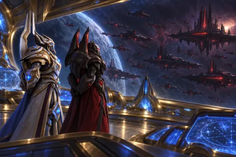 Ilustrasi rekonstruksi AI: Artanis dan Alarak mengamati Armada Kematian dari jembatan Spear of Adun.