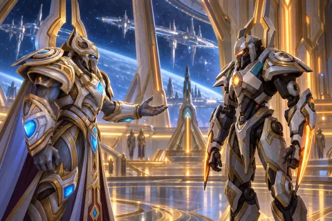 AI-reconstructed illustration — Artanis facing the Purifier Talandar on Cybros.