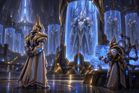 AI reconstructed illustration: Artanis and Karax observing a dormant Purifier shell inside a stasis pod aboard the Spear of Adun.