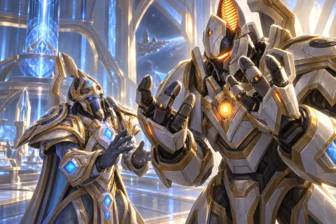 AI reconstructed illustration: Talandar looking at his robotic hands in confusion as Artanis explains his true identity.