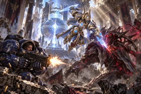AI reconstructed illustration: Artanis and Jim Raynor fighting a Hybrid near the Keystone in the ruined palace of Korhal.