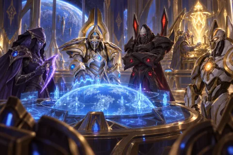 AI reconstructed illustration: Protoss leaders Artanis, Vorazun, Alarak, and Talandar planning the final battle in the Spear of Adun's war room.